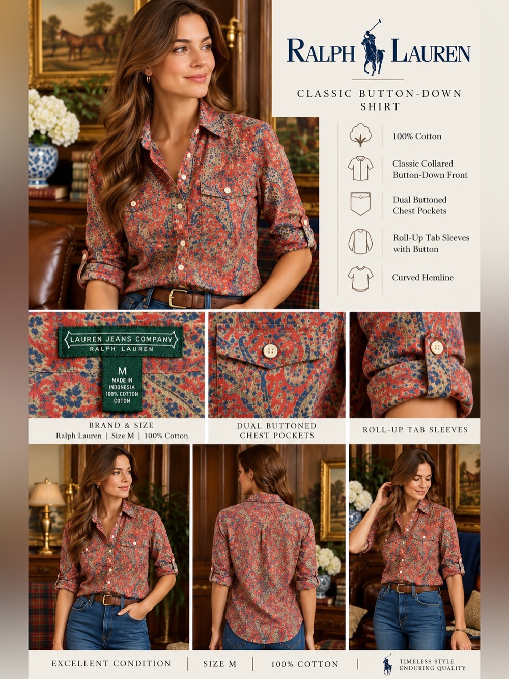 Lauren Ralph Lauren Paisley Button Down Shirt Roll Tab Sleeve Red Blue M